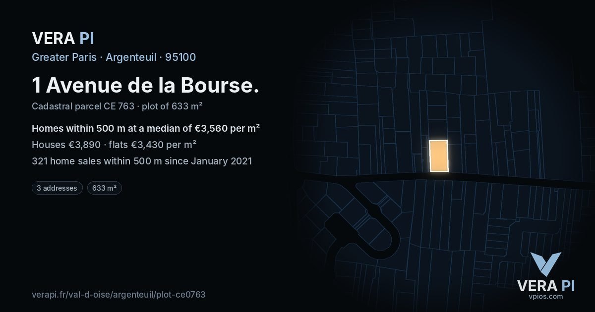 1 Avenue de la Bourse, Argenteuil at night – the plot lit, the parcels around coloured by the prices near them