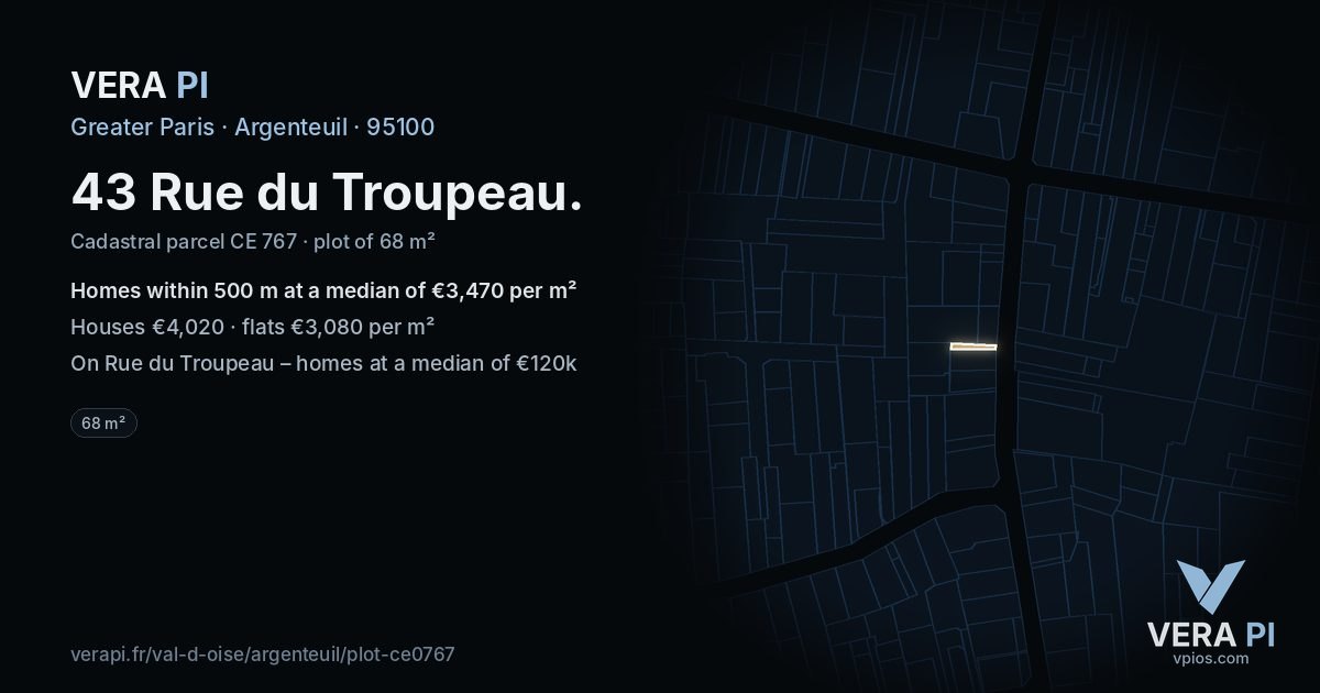 43 Rue du Troupeau, Argenteuil at night – the plot lit, the parcels around coloured by the prices near them