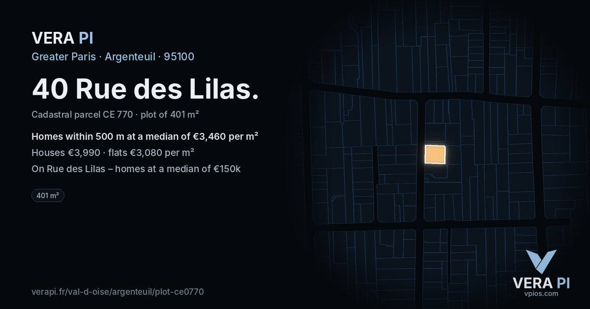 40 Rue des Lilas, Argenteuil at night – the plot lit, the parcels around coloured by the prices near them