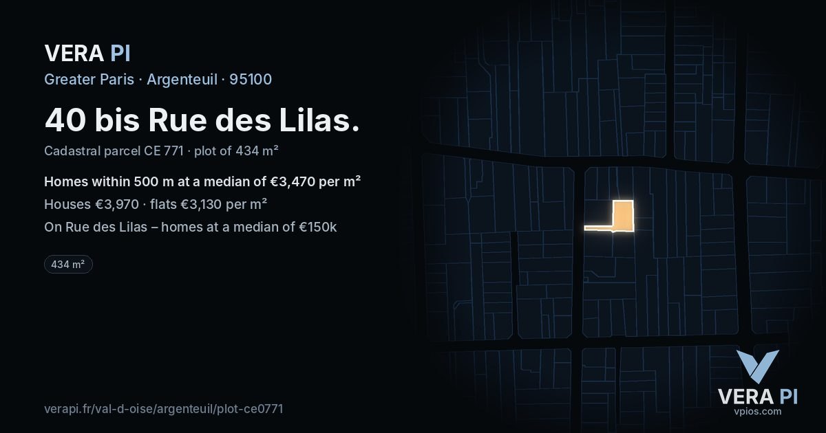 40 bis Rue des Lilas, Argenteuil at night – the plot lit, the parcels around coloured by the prices near them
