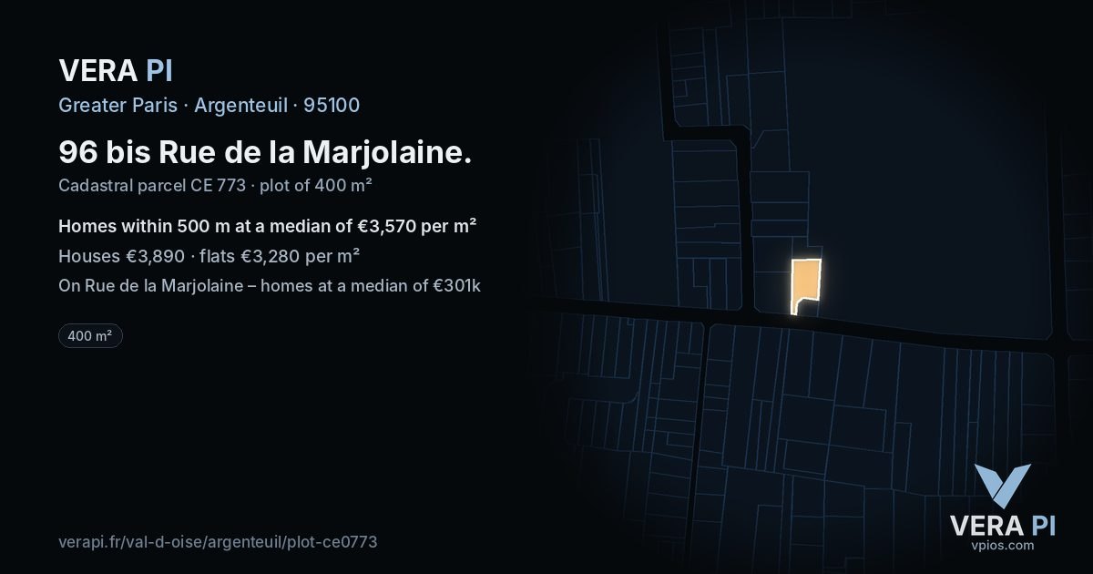 96 bis Rue de la Marjolaine, Argenteuil at night – the plot lit, the parcels around coloured by the prices near them