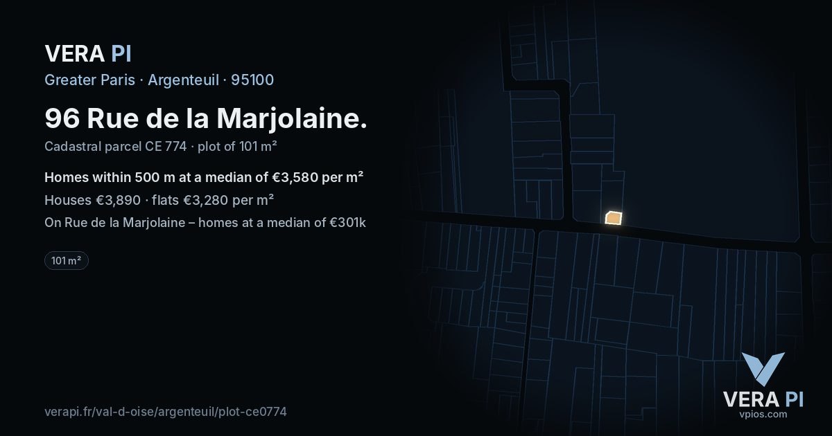 96 Rue de la Marjolaine, Argenteuil at night – the plot lit, the parcels around coloured by the prices near them