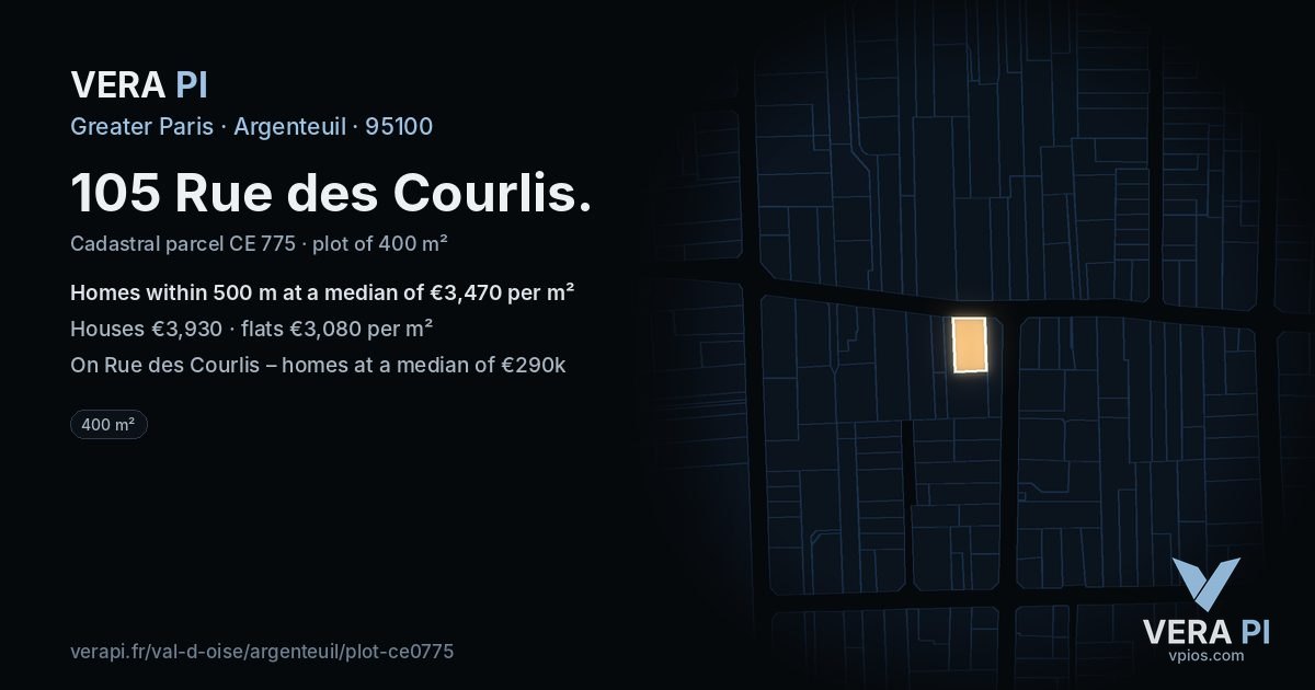 105 Rue des Courlis, Argenteuil at night – the plot lit, the parcels around coloured by the prices near them