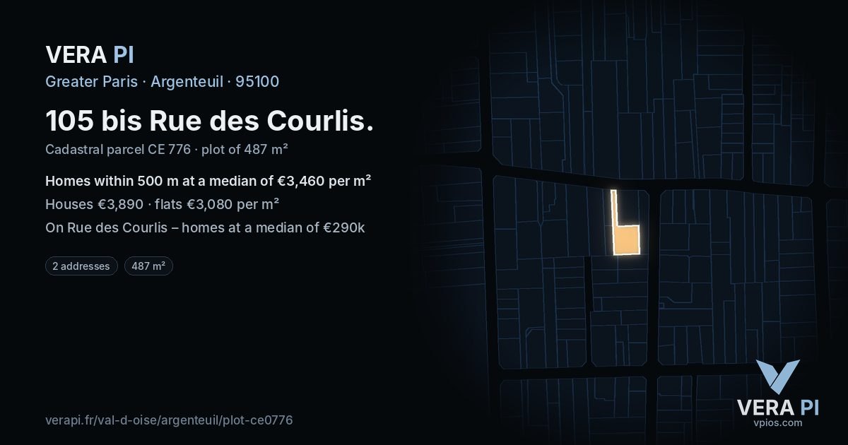 105 bis Rue des Courlis, Argenteuil at night – the plot lit, the parcels around coloured by the prices near them