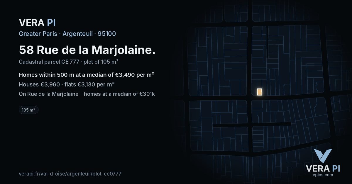 58 Rue de la Marjolaine, Argenteuil at night – the plot lit, the parcels around coloured by the prices near them