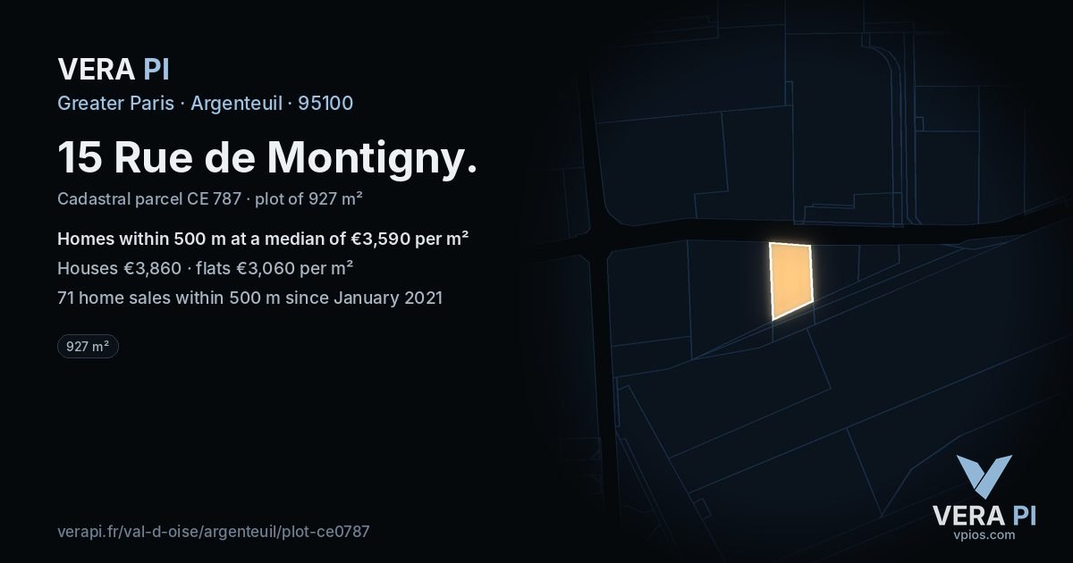 15 Rue de Montigny, Argenteuil at night – the plot lit, the parcels around coloured by the prices near them