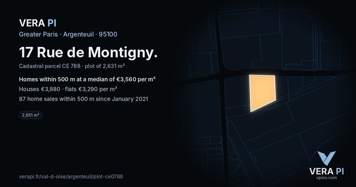 17 Rue de Montigny, Argenteuil at night – the plot lit, the parcels around coloured by the prices near them