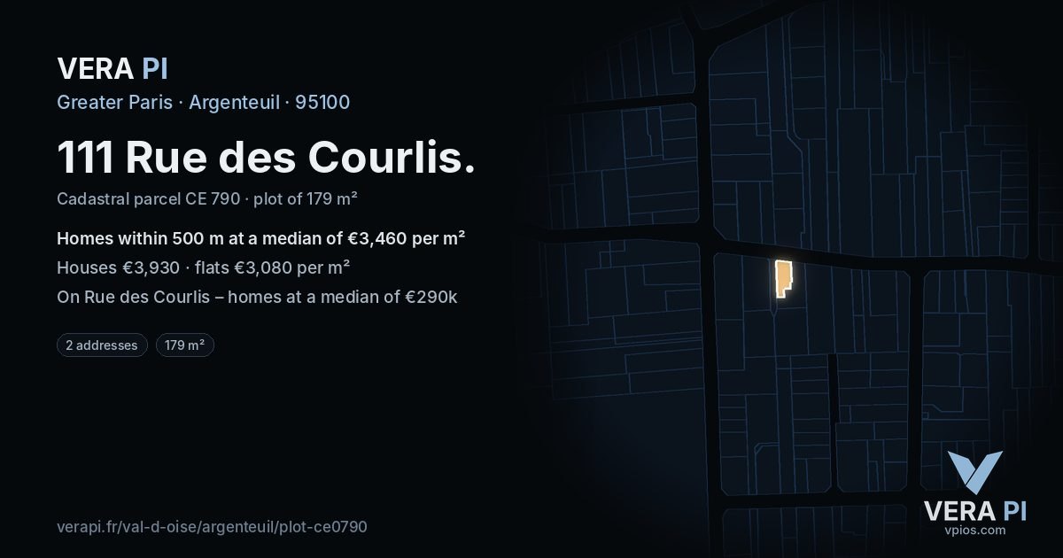 111 Rue des Courlis, Argenteuil at night – the plot lit, the parcels around coloured by the prices near them