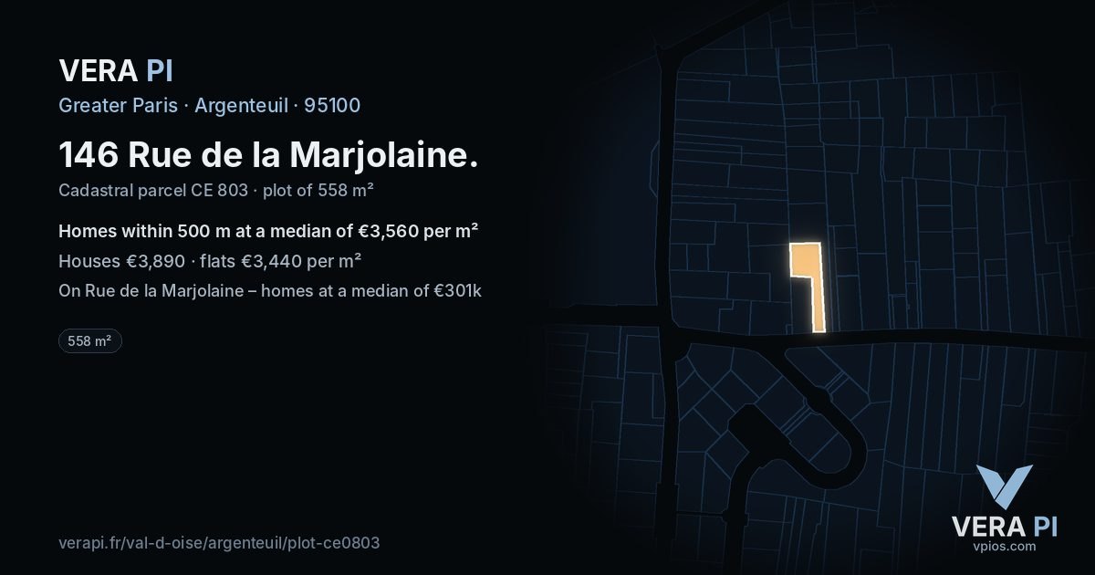 146 Rue de la Marjolaine, Argenteuil at night – the plot lit, the parcels around coloured by the prices near them