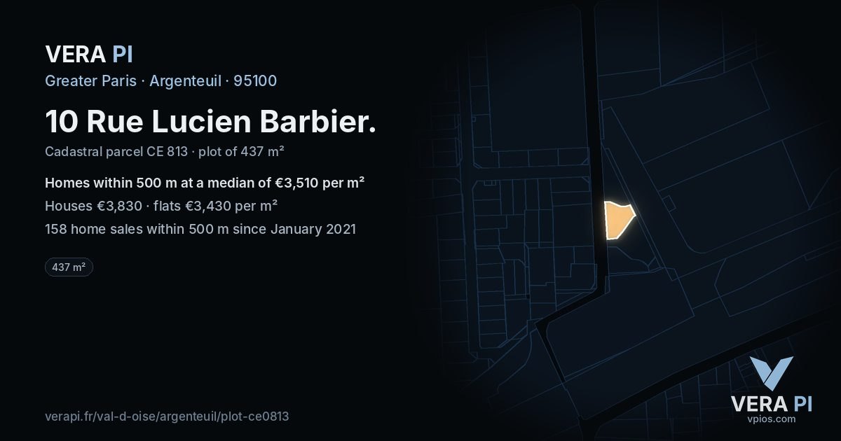 10 Rue Lucien Barbier, Argenteuil at night – the plot lit, the parcels around coloured by the prices near them