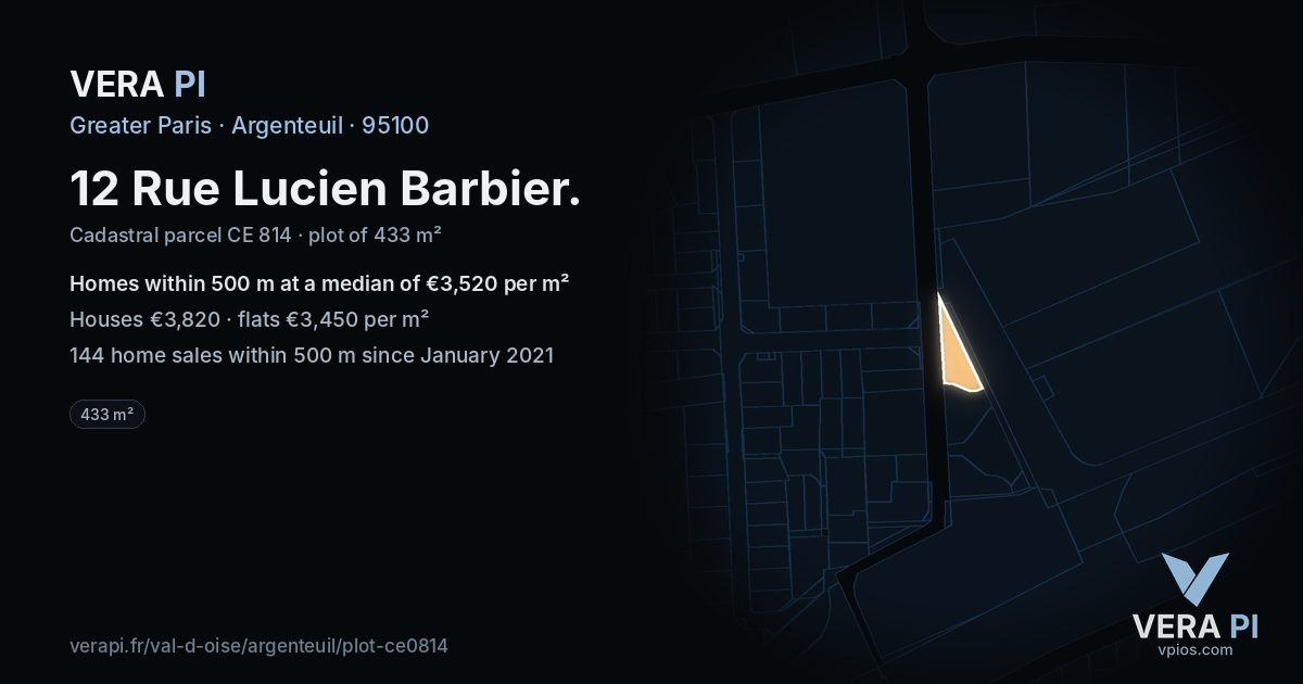 12 Rue Lucien Barbier, Argenteuil at night – the plot lit, the parcels around coloured by the prices near them