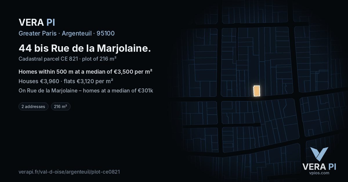 44 bis Rue de la Marjolaine, Argenteuil at night – the plot lit, the parcels around coloured by the prices near them