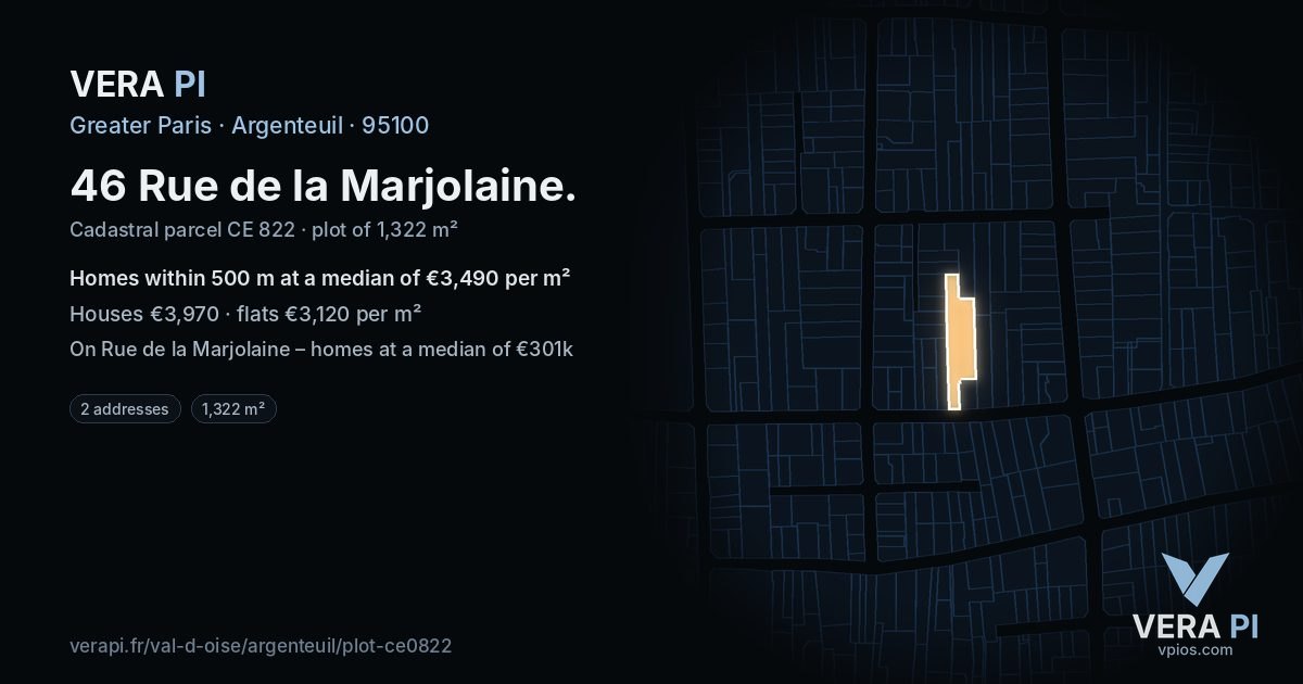 46 Rue de la Marjolaine, Argenteuil at night – the plot lit, the parcels around coloured by the prices near them