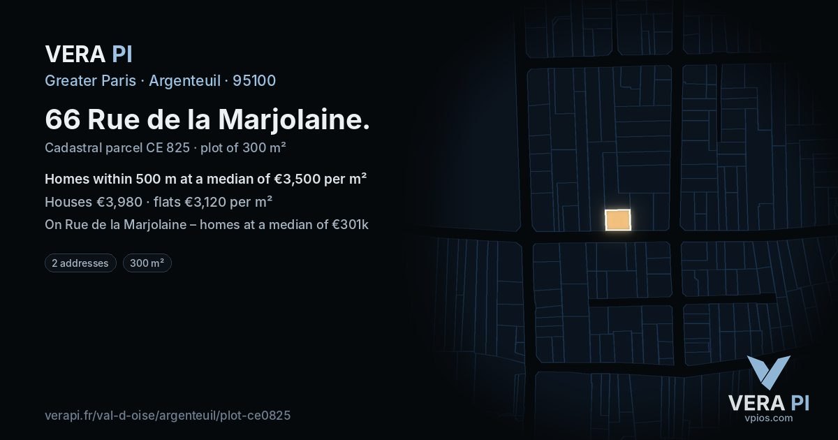 66 Rue de la Marjolaine, Argenteuil at night – the plot lit, the parcels around coloured by the prices near them