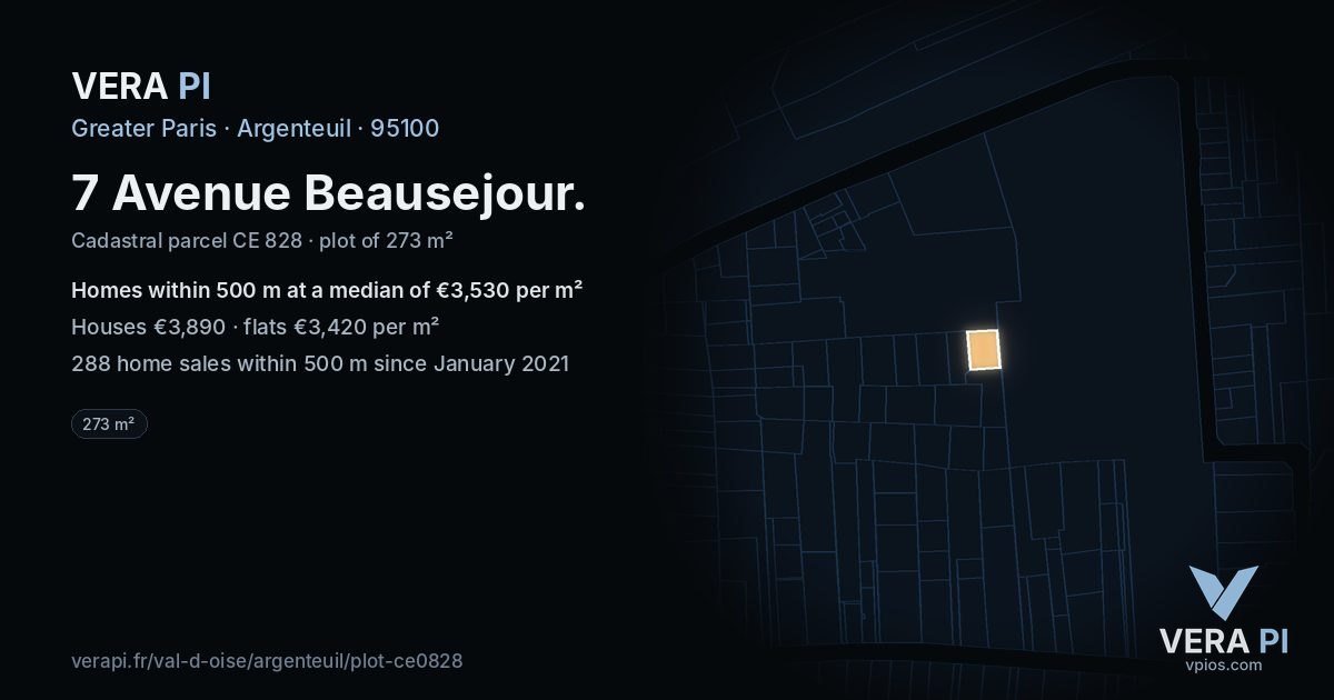7 Avenue Beausejour, Argenteuil at night – the plot lit, the parcels around coloured by the prices near them
