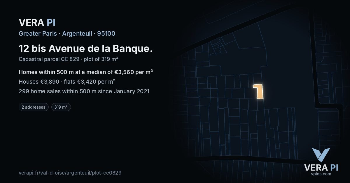 12 bis Avenue de la Banque, Argenteuil at night – the plot lit, the parcels around coloured by the prices near them