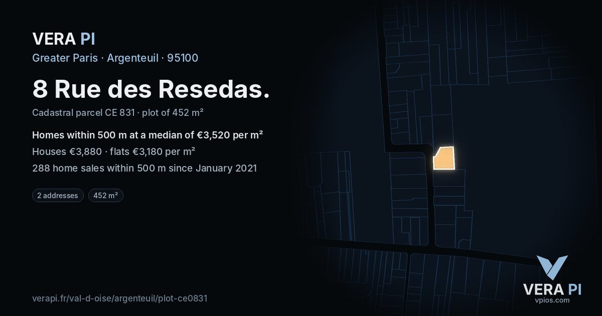 8 Rue des Resedas, Argenteuil at night – the plot lit, the parcels around coloured by the prices near them