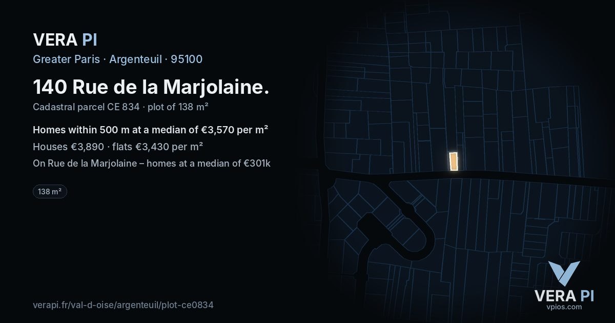 140 Rue de la Marjolaine, Argenteuil at night – the plot lit, the parcels around coloured by the prices near them