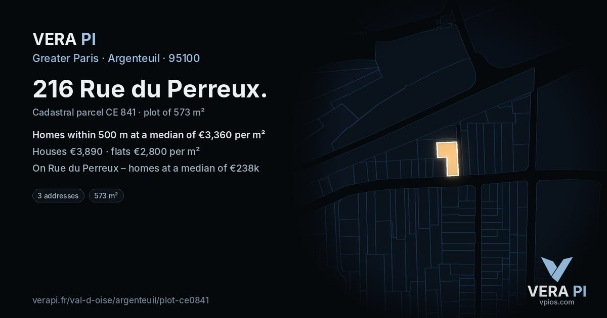 216 Rue du Perreux, Argenteuil at night – the plot lit, the parcels around coloured by the prices near them