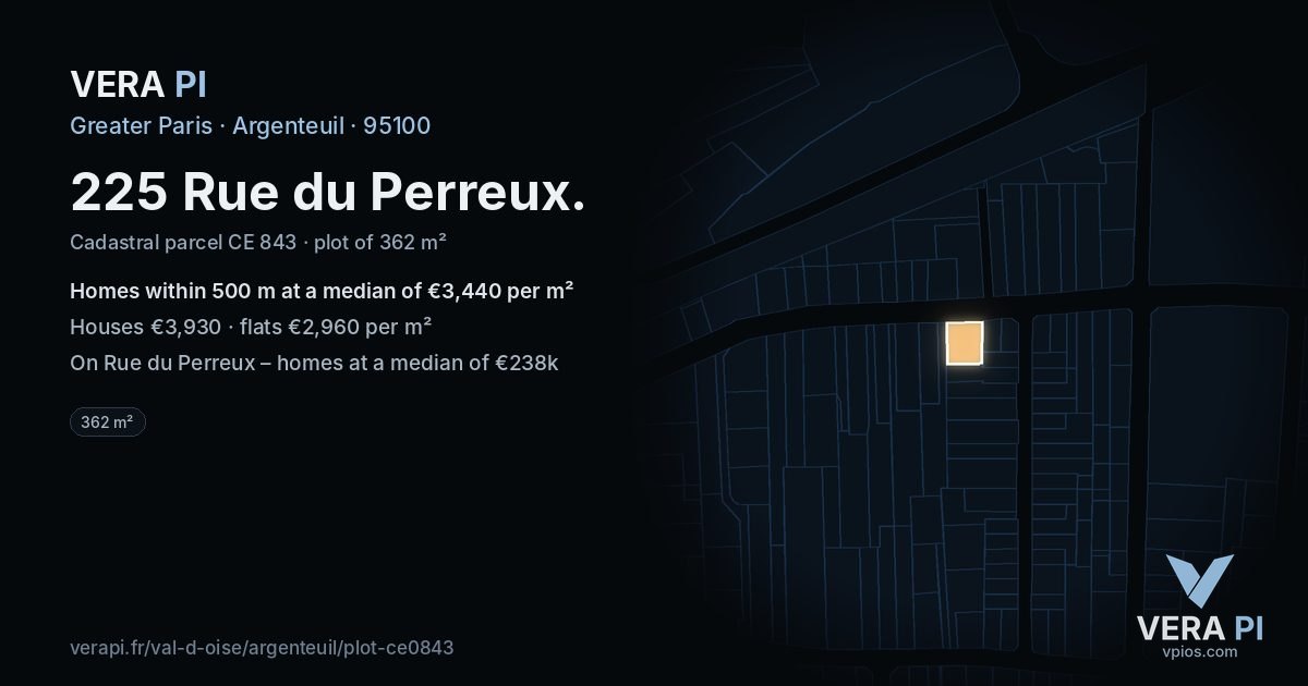 225 Rue du Perreux, Argenteuil at night – the plot lit, the parcels around coloured by the prices near them