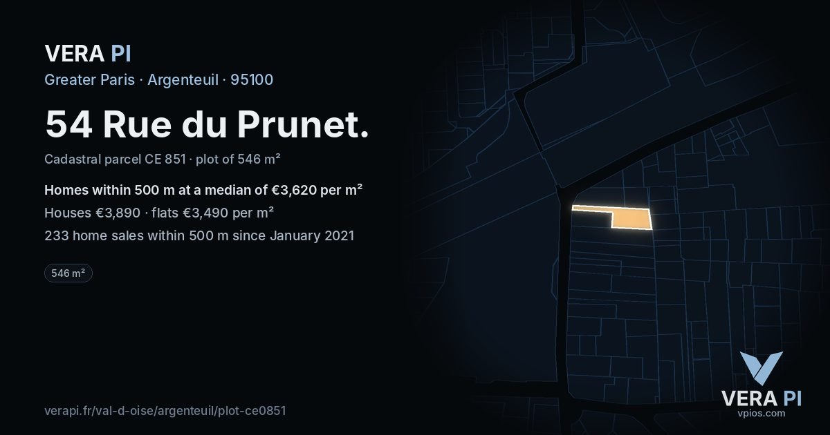 54 Rue du Prunet, Argenteuil at night – the plot lit, the parcels around coloured by the prices near them