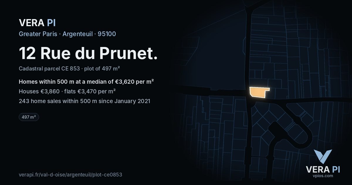 12 Rue du Prunet, Argenteuil at night – the plot lit, the parcels around coloured by the prices near them