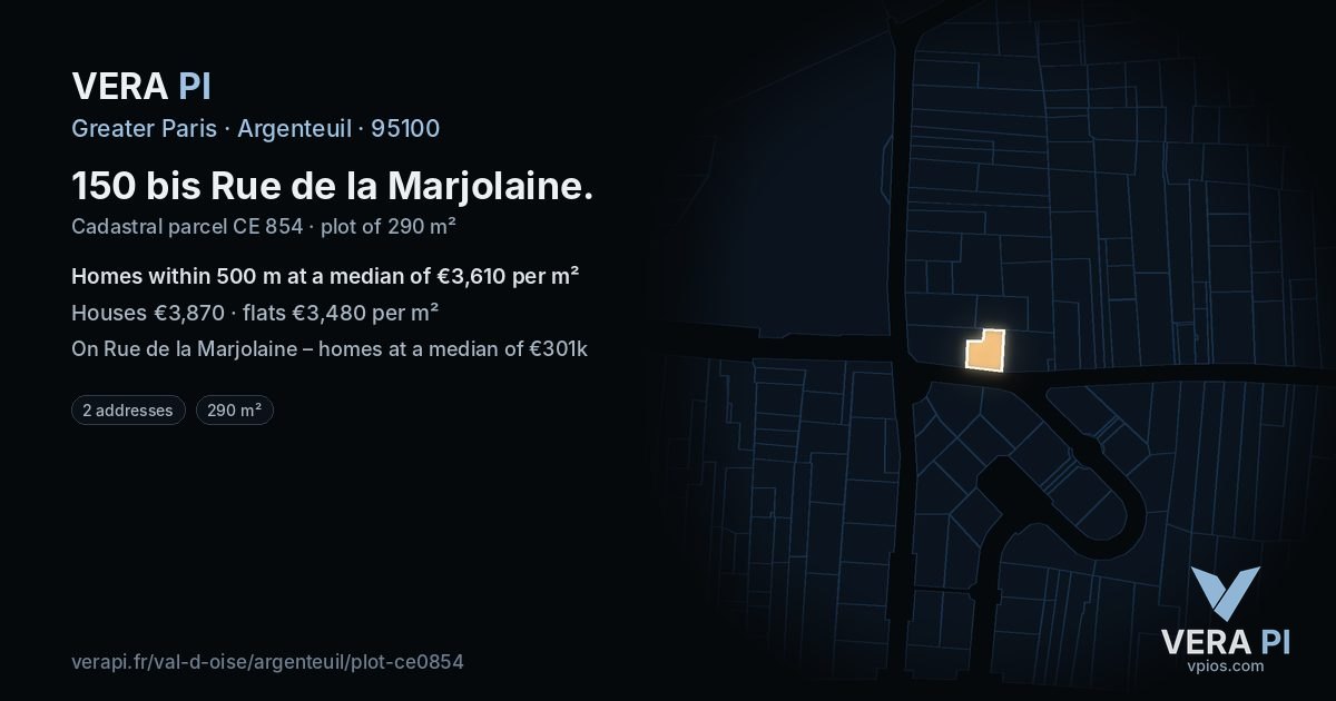 150 bis Rue de la Marjolaine, Argenteuil at night – the plot lit, the parcels around coloured by the prices near them