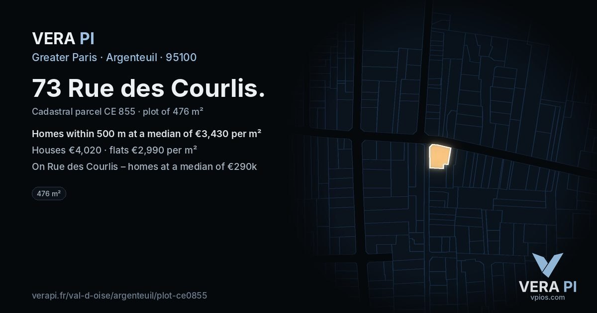 73 Rue des Courlis, Argenteuil at night – the plot lit, the parcels around coloured by the prices near them