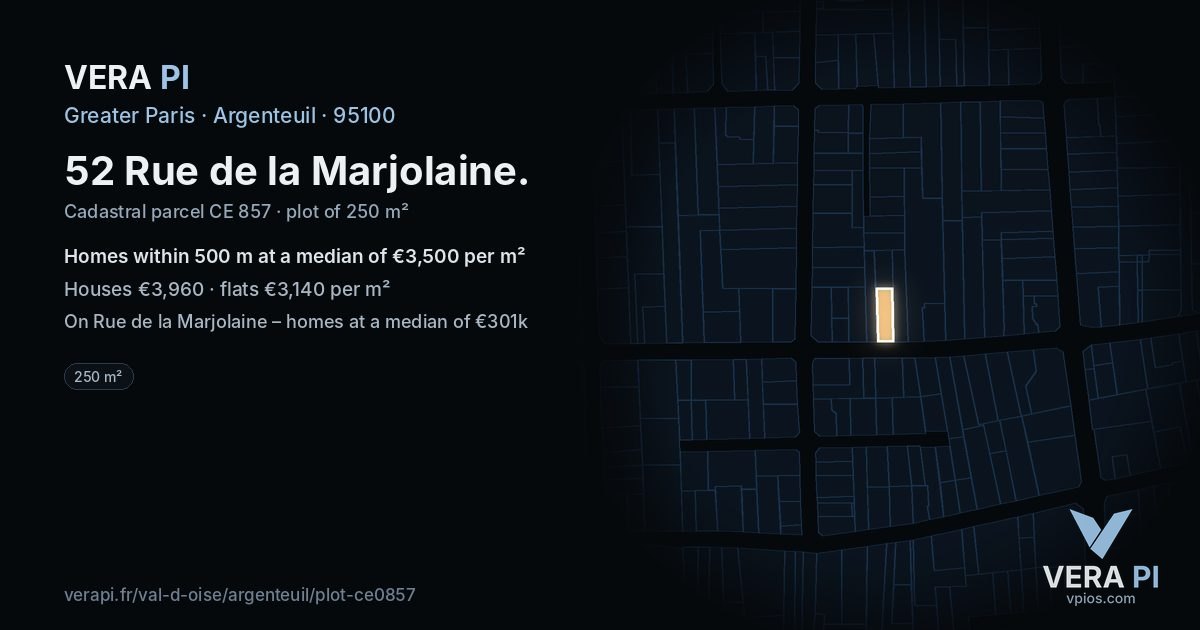 52 Rue de la Marjolaine, Argenteuil at night – the plot lit, the parcels around coloured by the prices near them