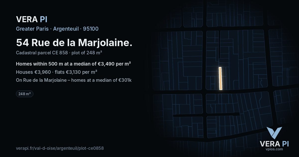 54 Rue de la Marjolaine, Argenteuil at night – the plot lit, the parcels around coloured by the prices near them