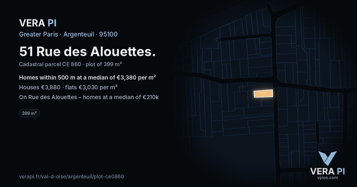 51 Rue des Alouettes, Argenteuil at night – the plot lit, the parcels around coloured by the prices near them