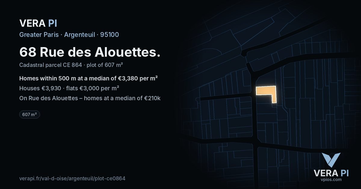 68 Rue des Alouettes, Argenteuil at night – the plot lit, the parcels around coloured by the prices near them