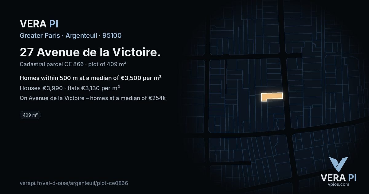 27 Avenue de la Victoire, Argenteuil at night – the plot lit, the parcels around coloured by the prices near them
