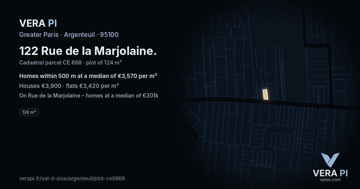 122 Rue de la Marjolaine, Argenteuil at night – the plot lit, the parcels around coloured by the prices near them