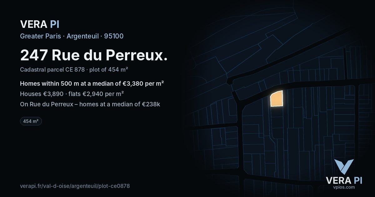 247 Rue du Perreux, Argenteuil at night – the plot lit, the parcels around coloured by the prices near them