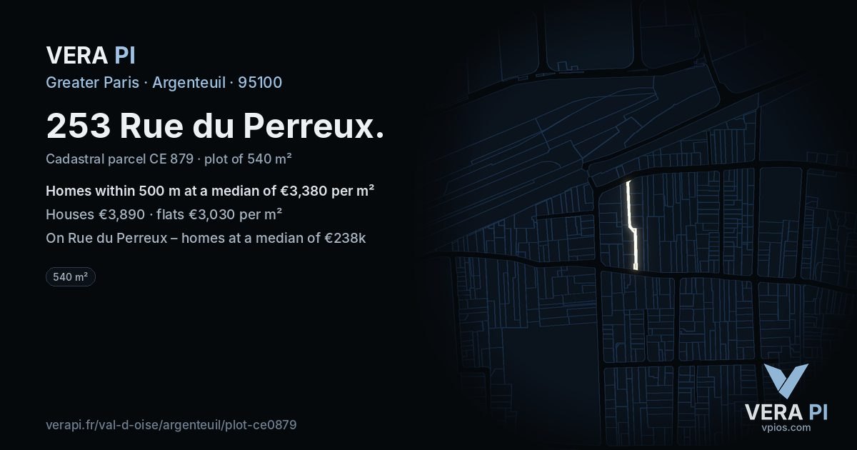 253 Rue du Perreux, Argenteuil at night – the plot lit, the parcels around coloured by the prices near them