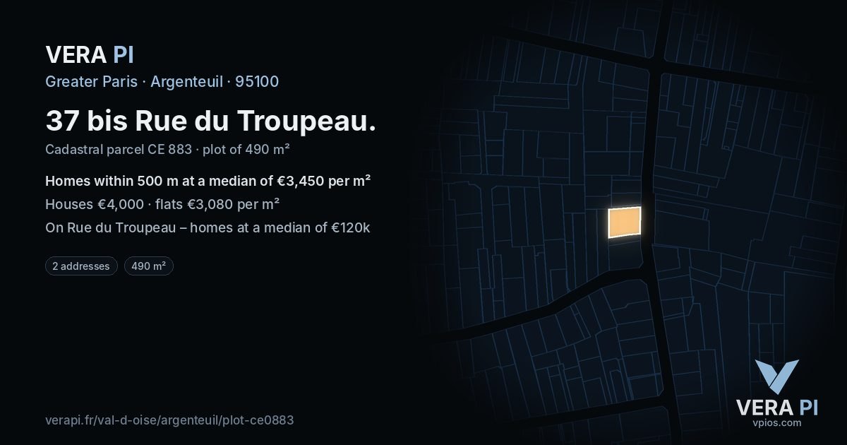 37 bis Rue du Troupeau, Argenteuil at night – the plot lit, the parcels around coloured by the prices near them