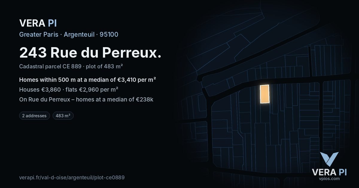 243 Rue du Perreux, Argenteuil at night – the plot lit, the parcels around coloured by the prices near them