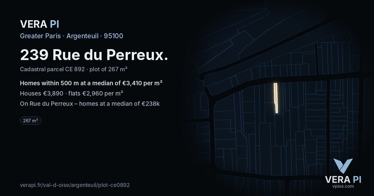 239 Rue du Perreux, Argenteuil at night – the plot lit, the parcels around coloured by the prices near them