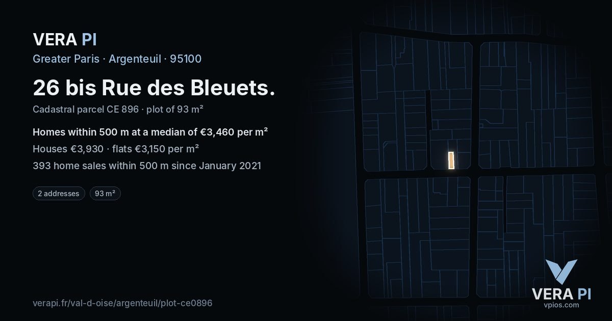 26 bis Rue des Bleuets, Argenteuil at night – the plot lit, the parcels around coloured by the prices near them