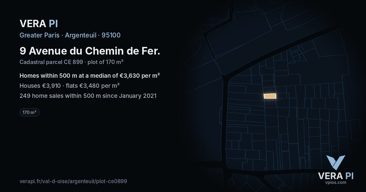 9 Avenue du Chemin de Fer, Argenteuil at night – the plot lit, the parcels around coloured by the prices near them