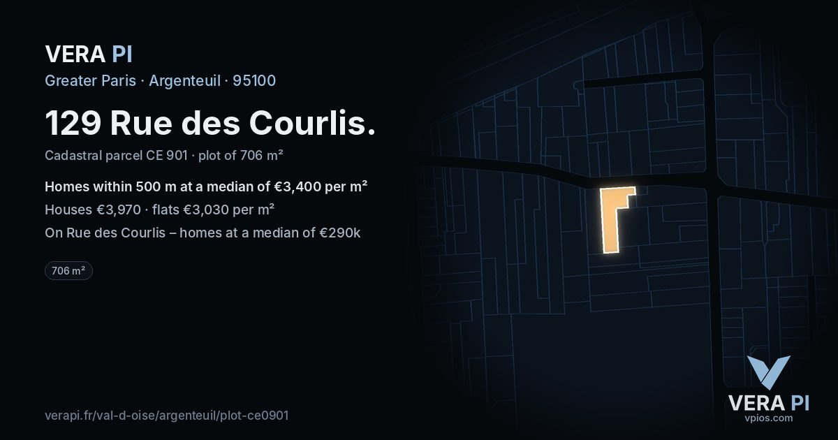 129 Rue des Courlis, Argenteuil at night – the plot lit, the parcels around coloured by the prices near them