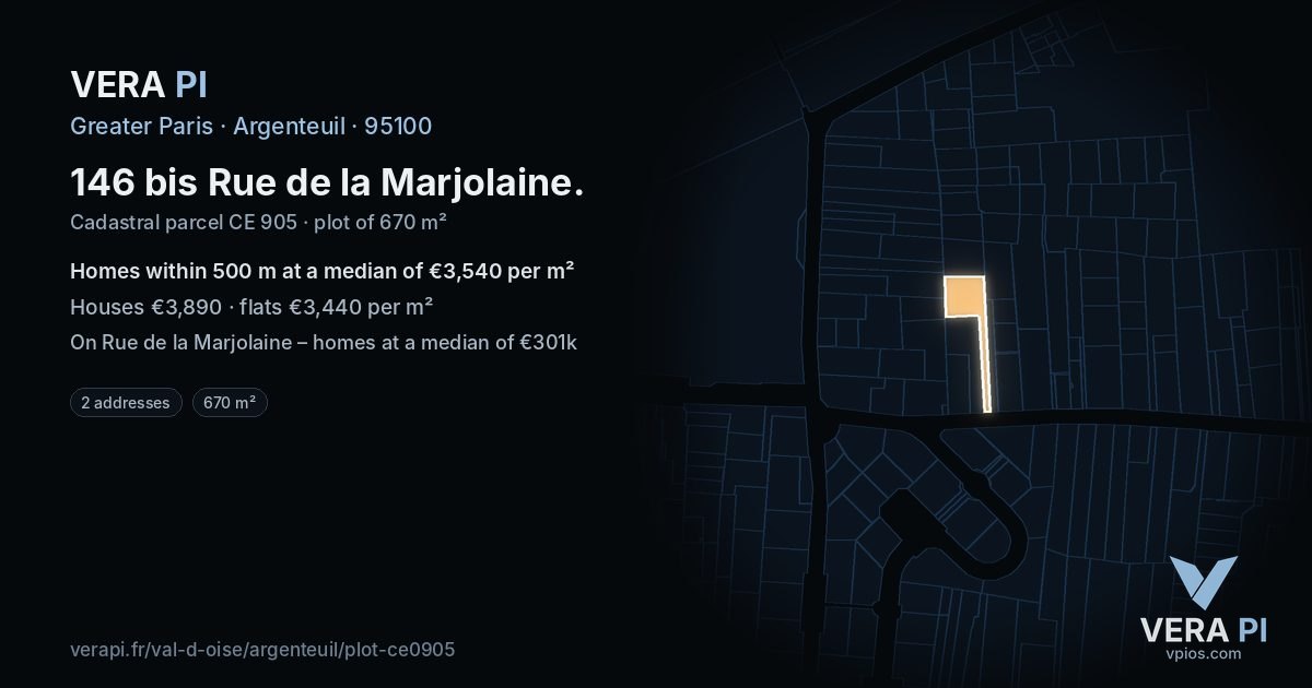 146 bis Rue de la Marjolaine, Argenteuil at night – the plot lit, the parcels around coloured by the prices near them