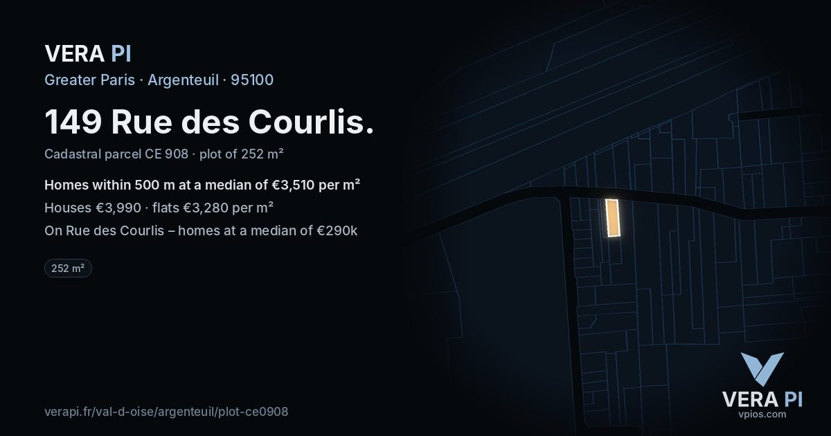 149 Rue des Courlis, Argenteuil at night – the plot lit, the parcels around coloured by the prices near them