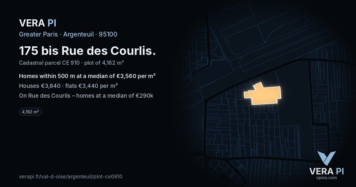 175 bis Rue des Courlis, Argenteuil at night – the plot lit, the parcels around coloured by the prices near them