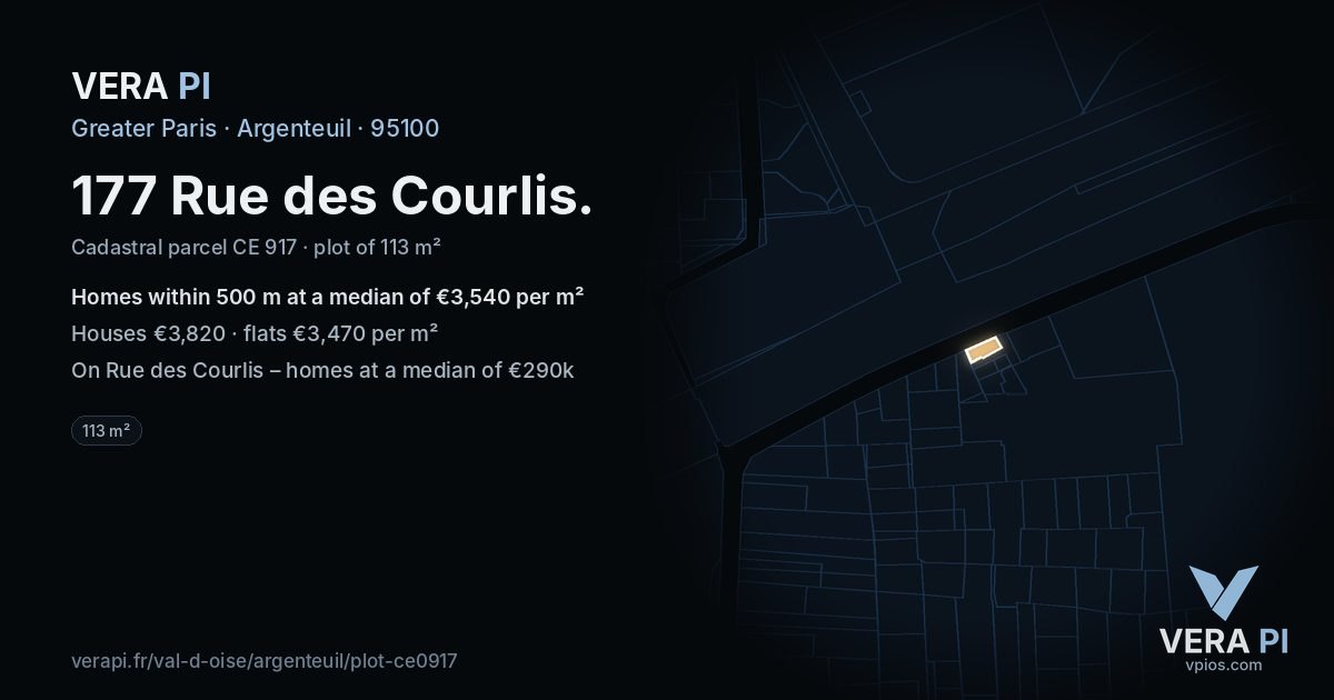 177 Rue des Courlis, Argenteuil at night – the plot lit, the parcels around coloured by the prices near them
