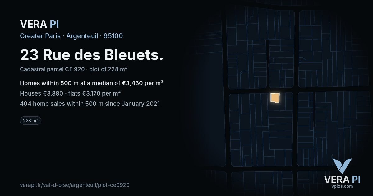 23 Rue des Bleuets, Argenteuil at night – the plot lit, the parcels around coloured by the prices near them