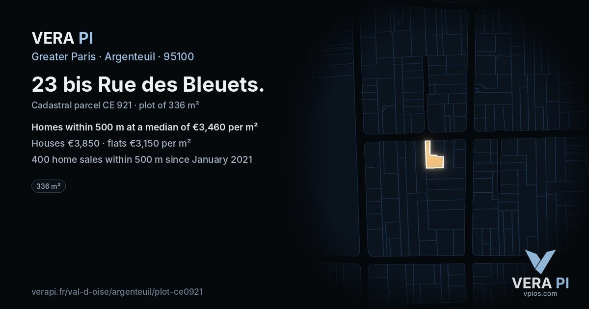 23 bis Rue des Bleuets, Argenteuil at night – the plot lit, the parcels around coloured by the prices near them