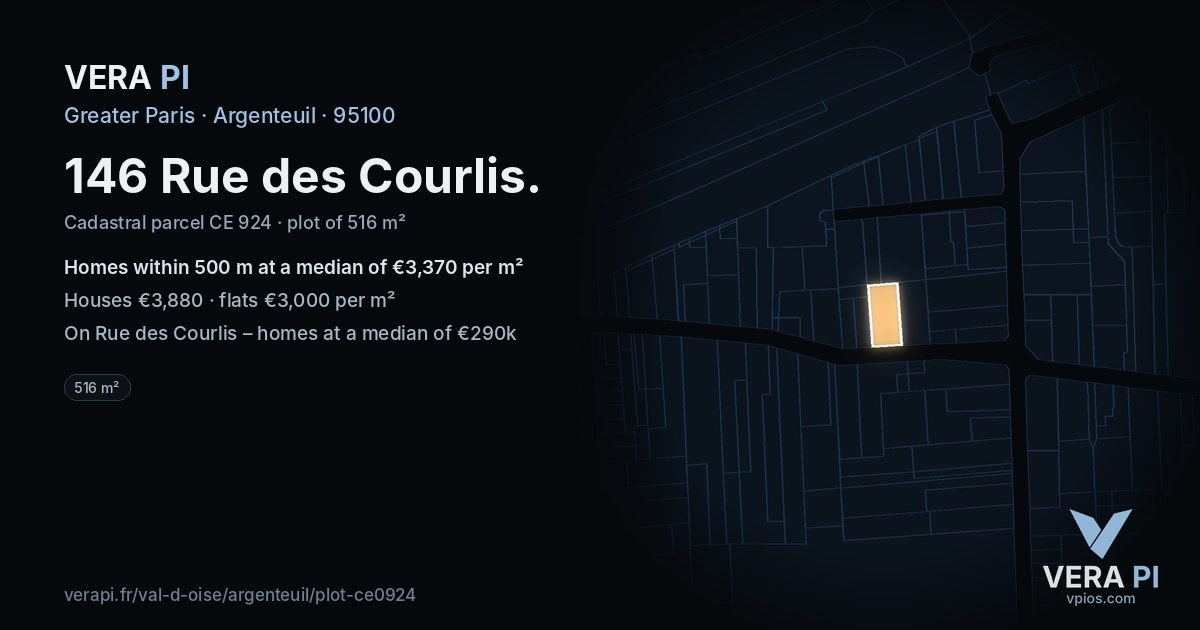 146 Rue des Courlis, Argenteuil at night – the plot lit, the parcels around coloured by the prices near them
