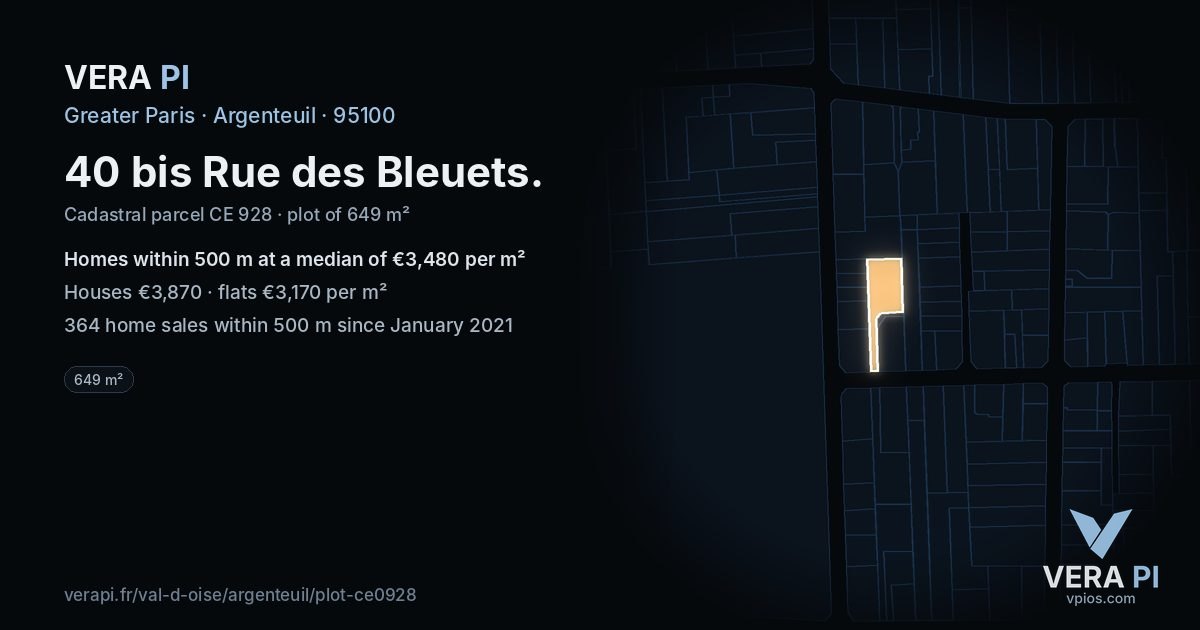 40 bis Rue des Bleuets, Argenteuil at night – the plot lit, the parcels around coloured by the prices near them